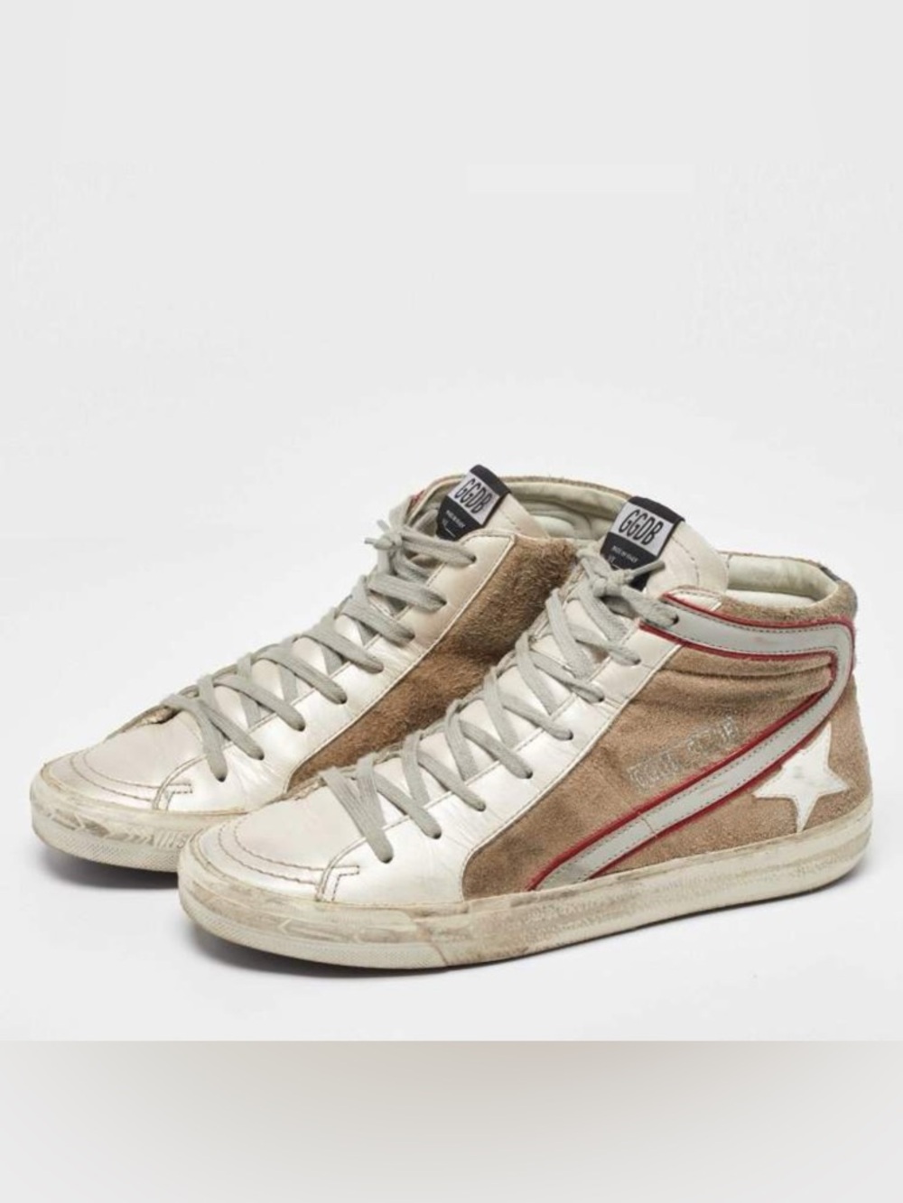 Golden Goose Beige and White Mid-Top Sneakers with Red Stripe